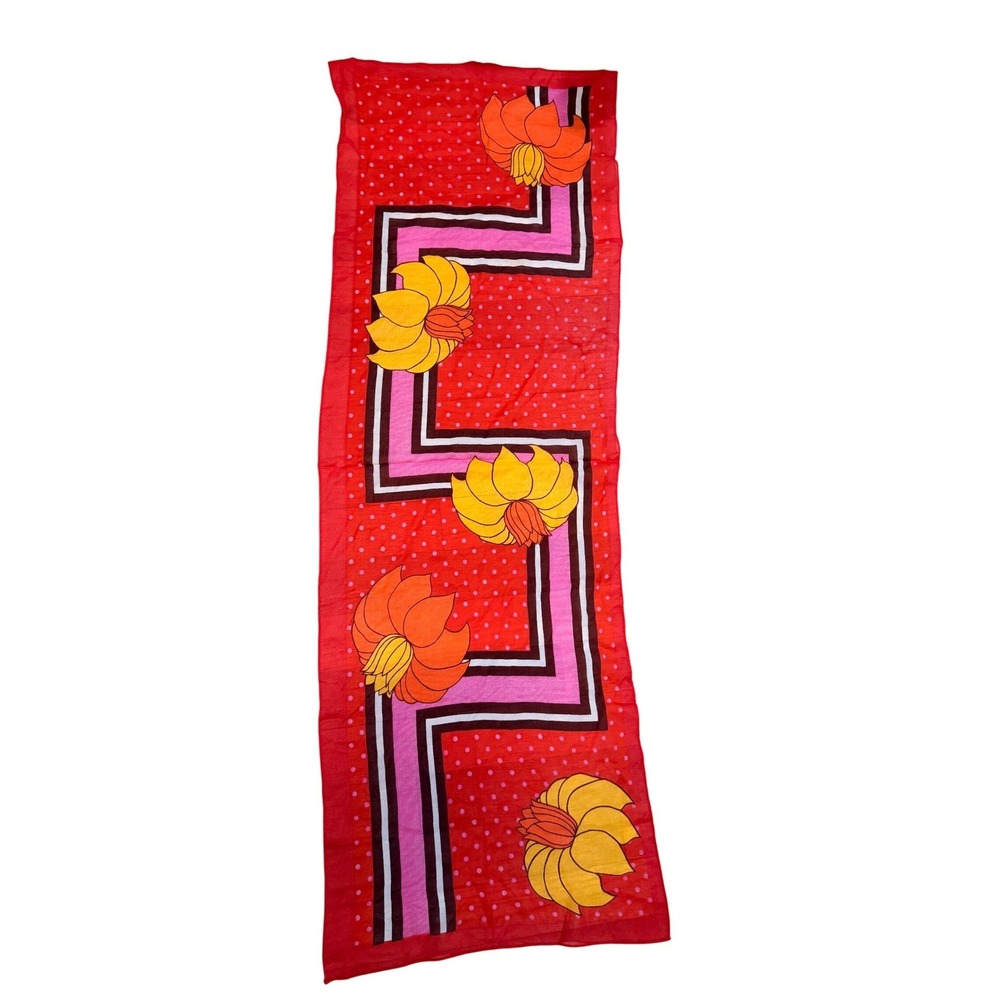 Vintage 70s Red Floral Polka Dot Rayon Chiffon Scarf Made in Japan Retro Mod